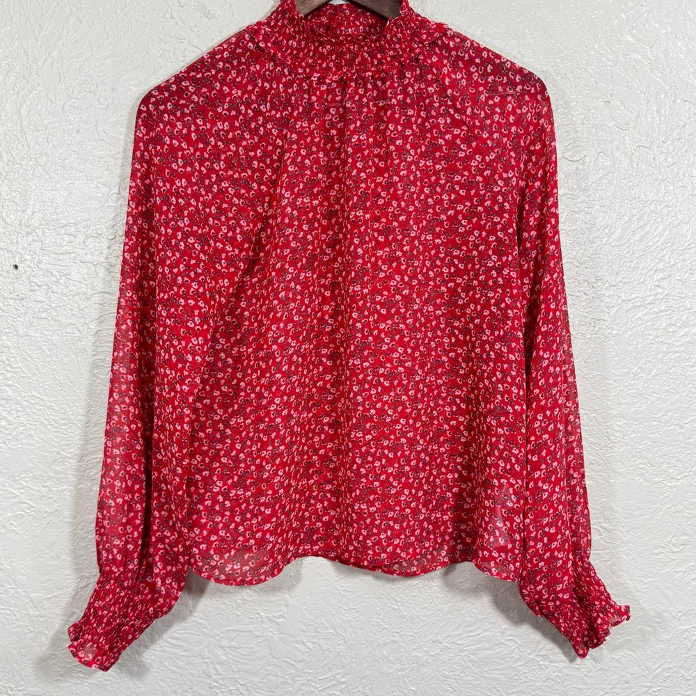 GAP Ditsy Floral Blouse Top XS Mock Neck Smocked Sheer Country Cottage Western